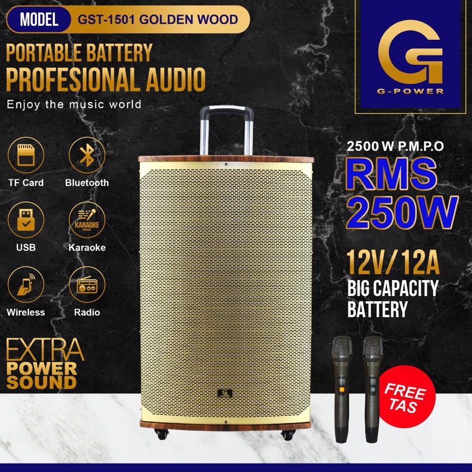 GPower Speaker Portable BatteryPROFESIONAL AUDIO GST 1501 GOLDEN WOOD Extra  Power Sound  Free 3 mic Super Bass