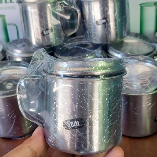 GELAS MUG CANGKIR + TUTUP STAINLESS 8 CM / GELAS STAINLESS LENGKAP DENGAN TUTUP