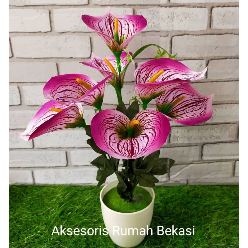 Set bunga plastik anthurium/bunga lilly/bunga Aron panda dengan pot lumut melamin bulat-2