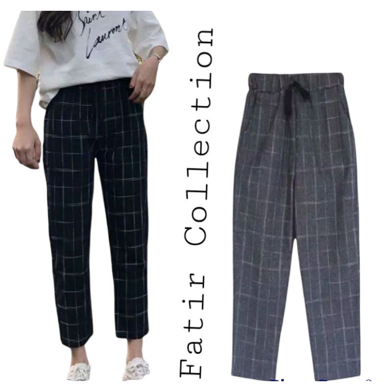 Celana tartan motif kotak kotak  bahan gabardin / celana wanita kotak kotak  /BUGGY  PANTS / CELANA