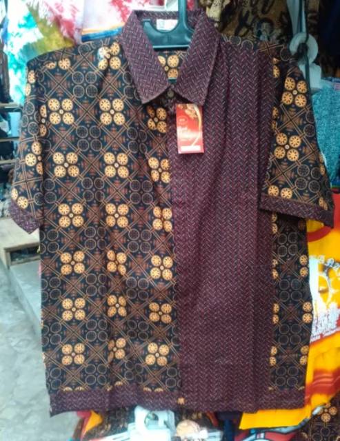 (BISA COD) SEPASANG BAJU BATIK SARIMBIT KEMEJA PRIA &amp; DRESS WANITA CAPUCINO COKLAT TUA SOUVENIR
