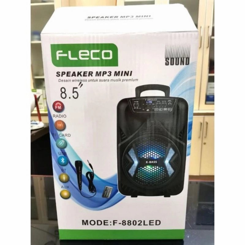 Speaker Bluetooth Portable Fleco F-8801/F-8802 LED 8&quot;5 inchi Gratis Microphone