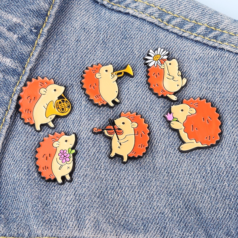 6 Styles Cartoon Hedgehog Enamel Pin Hedgehog Musician Cute Badge Brooch Lapel Pin Animal Jewelry Gifts