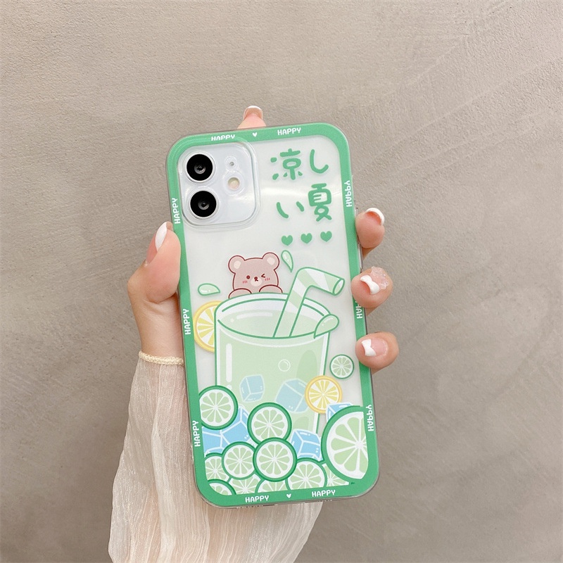 IPHONE Musim Panas Hijau Minum Es Krim Perlindungan Penuh Transparan Phone Case Cover Untuk Iphone6 6s 78 PLUS X XR XS 11 12 13 PRO MAX SE 2020