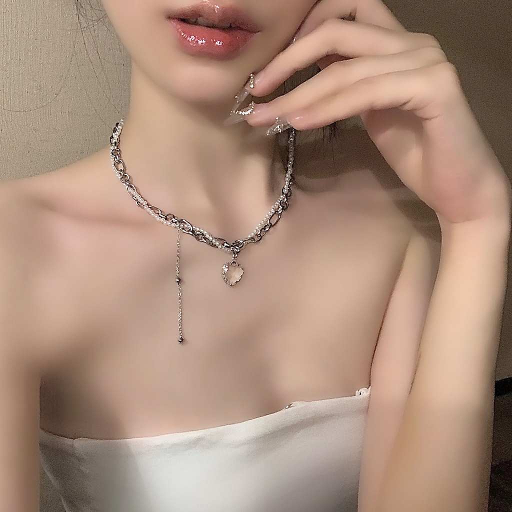 Kalung Rantai Klavikula Hias Liontin Hati Kristal Mutiara Untuk Aksesoris