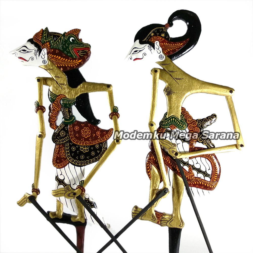 Miniatur Wayang Kayu Batik Emas Arjuna Srikandi - Ukuran XL 54x17x1 cm