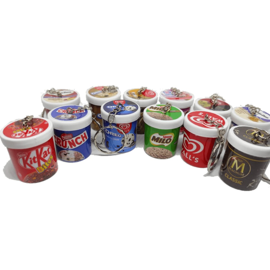 Gantungan Kunci Miniatur Ice Cream Cup, BOBA, Eskrim, makanan kaleng, Susu dll