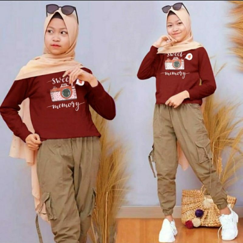 setelan anak perempuan kamera sweet memory 9 10 11 12 tahun empat variant warna - Lets_shop31-Maroon
