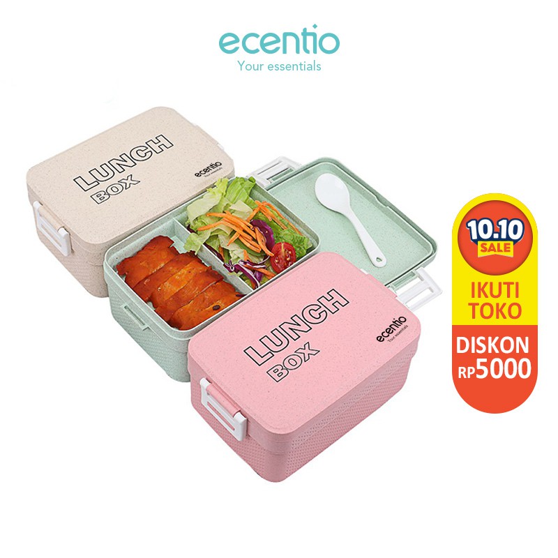 

Ecentio 3 Warna PP Jerami Gandum lunch box 1 Gird 1000 ML With Free Sendok BPA Free