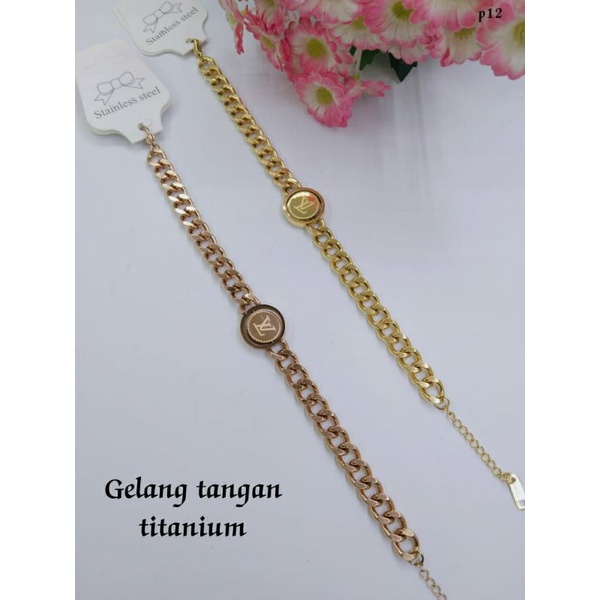 Fourfashion Gelang Tangan Titanium Motif Rantai Tengah Bulat LVV Premium Lapis Emas S217