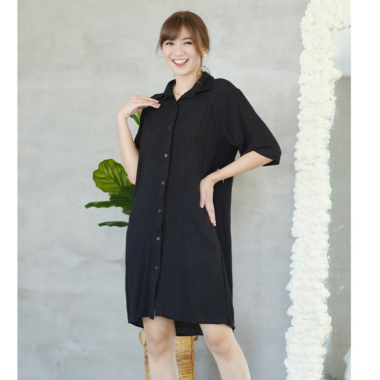 Boxy Crinkle Shrit Dress Casual Dres Wanita