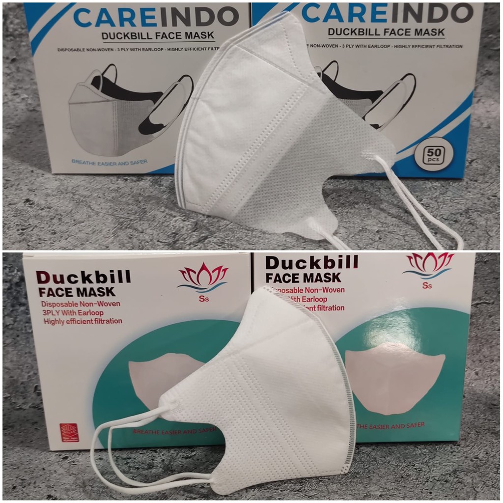 BOX 50 PC - MASKER DUCKBILL 3PLY SS DAN CAREINDO GARIS PUTIH HITAM BERKUALITAS
