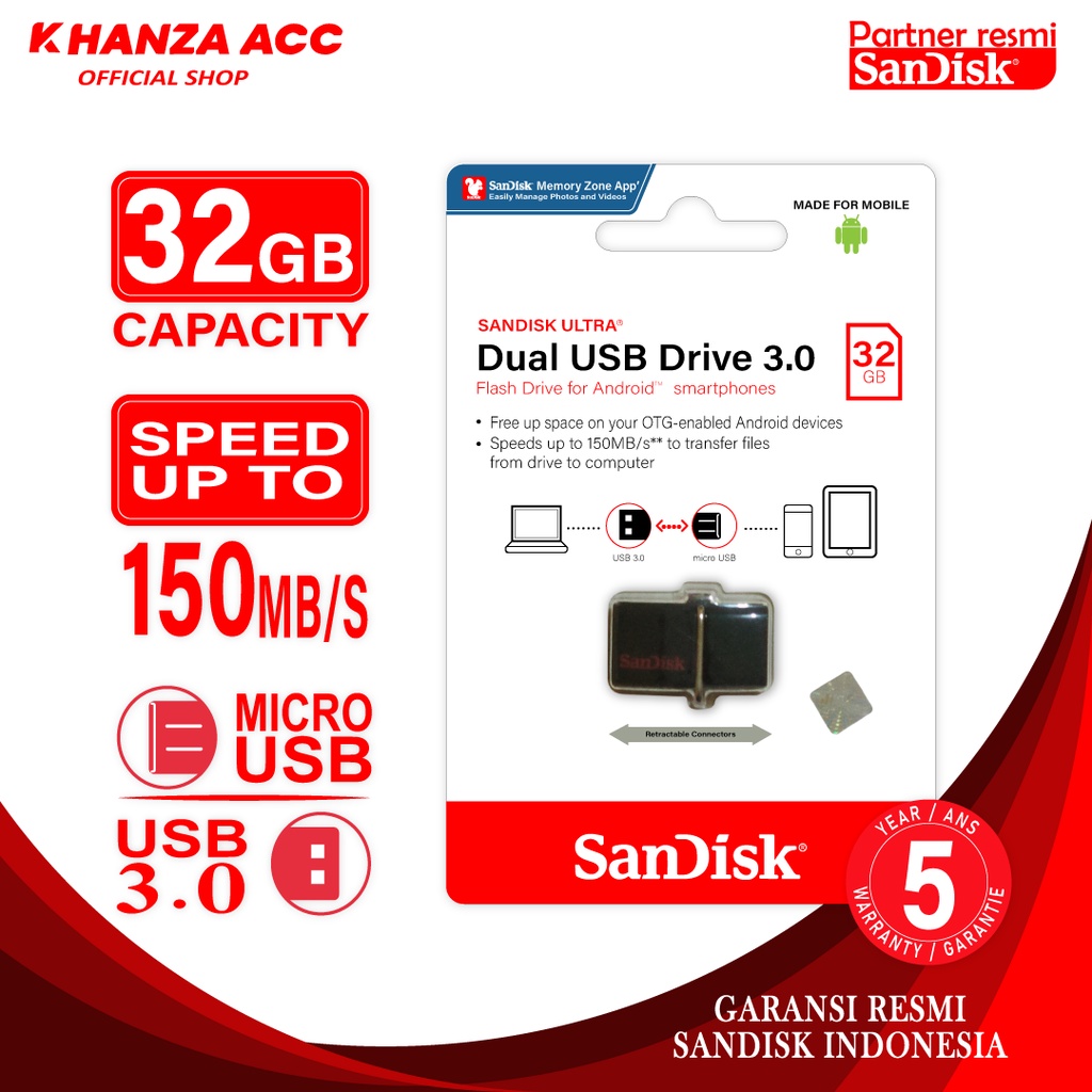 KHANZAACC SANDISK Dual Drive Flashdisk OTG Micro 16GB 32GB 64GB 128GB 256GB SDDD2 ORI