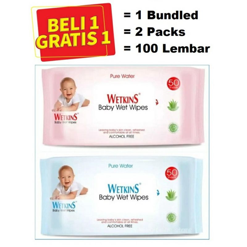 Promo Buy 1 Get 1 Wetkins Tisu Basah Bayi 50 lbr(100 lembar) BELI 1 GRATIS 1