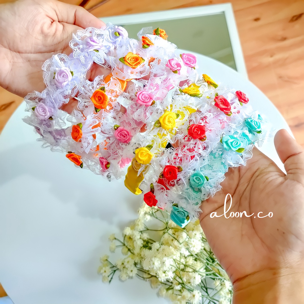 Bando Korea Bahan Satin dan Renda Model Bunga – Bandana Aksesoris Rambut Wanita – Bando Schruncie Headband Korea