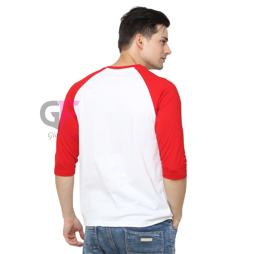 GIOFLO Baju Atasan Cowok Terbaru Kaos Tshirt Raglan Pria Putih Merah / POL 23