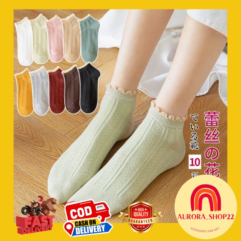 [COD] Kaos Kaki Wanita Import Motif Garis Renda Kaos Kaki Polos Cantik dengan Aksen Renda Ala Korea Kaos Kaki Semata kaki Ankle Shock