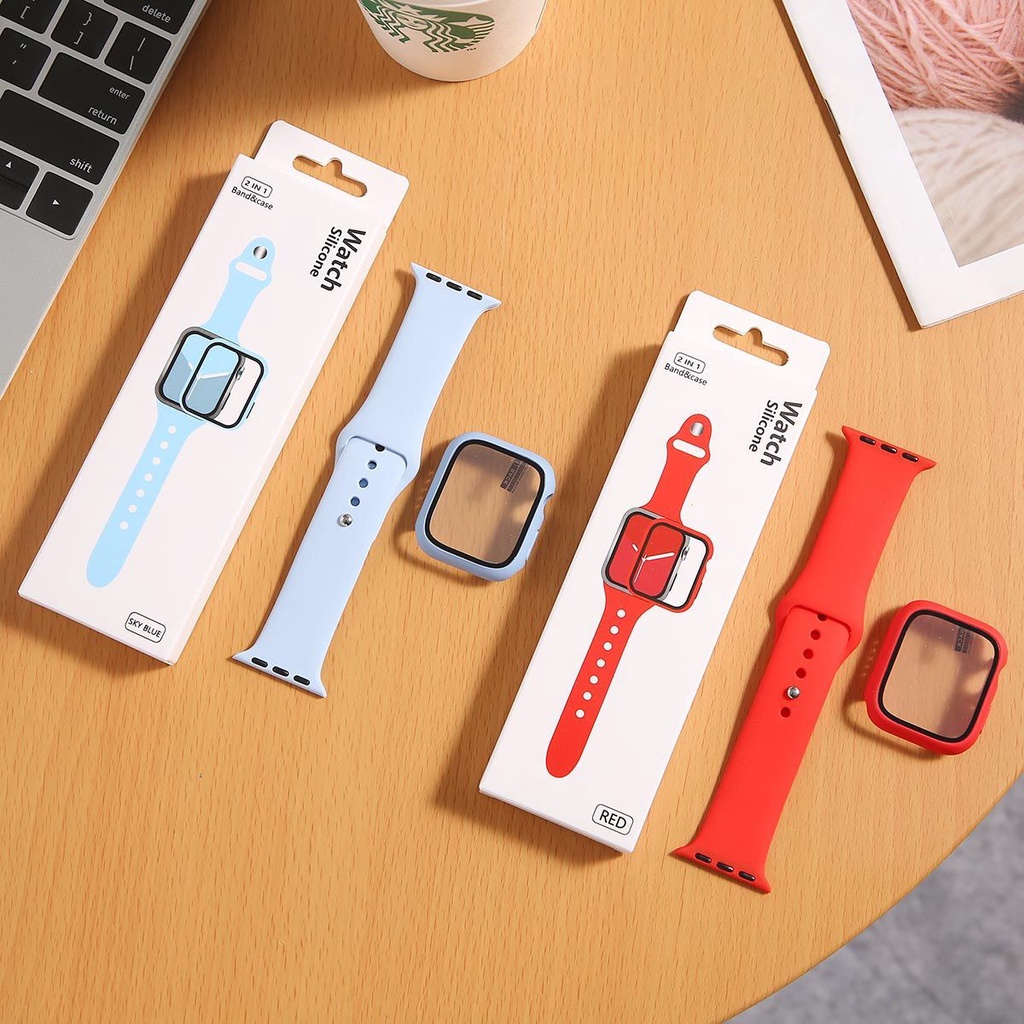 Strap Apple Watch Series 7 - 41 45 mm - 38 40 42 44 mm + Tempered Glass Case Strap Sport Band iwatch Full Color Silicone Rubber