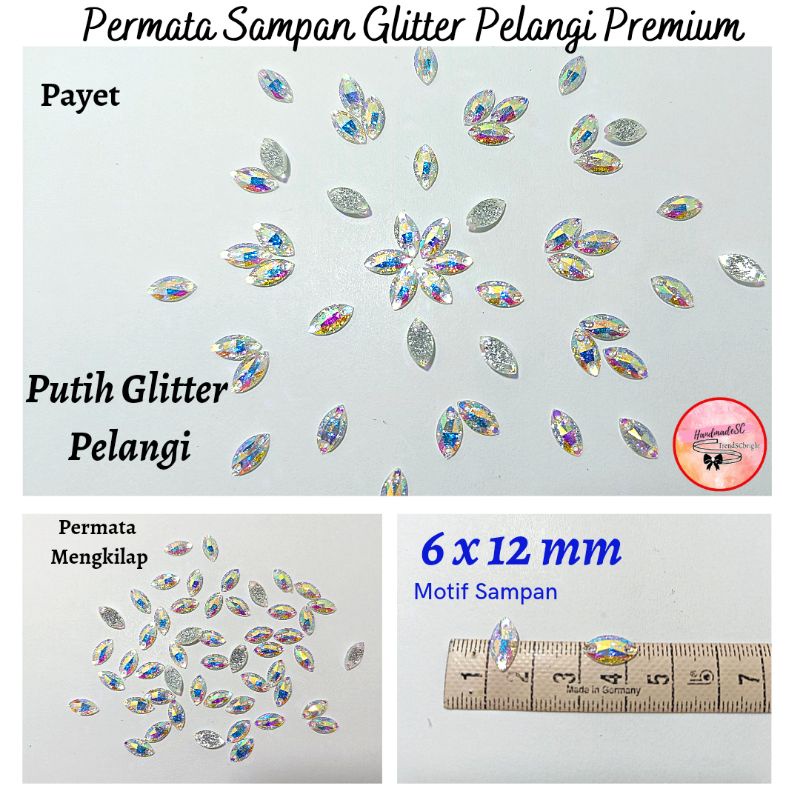 Diamond Permata Sampan Runcing Glitter Pelangi Payet Kristal Mote Jahit Premium 6x12 mm 100 pcs