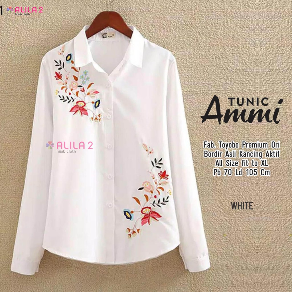 realpict AMMI toyobo ori bordir ld 105 motif bunga asli white atasan wanita alila hem putih kemeja c