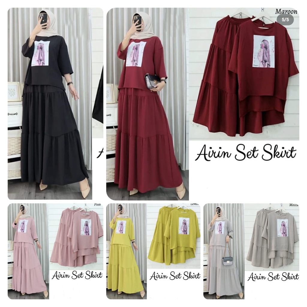 2 UKURAN L DAN XXL SET AIRIN FASHION PAKAIAN WANITA SETELAN ATASAN DAN ROK MOSCREPE MR