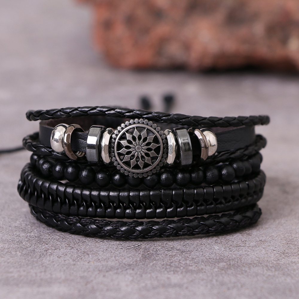 4pcs / set Gelang Tangan Kulit PU Adjustable Warna Hitam / Coklat Untuk Pria