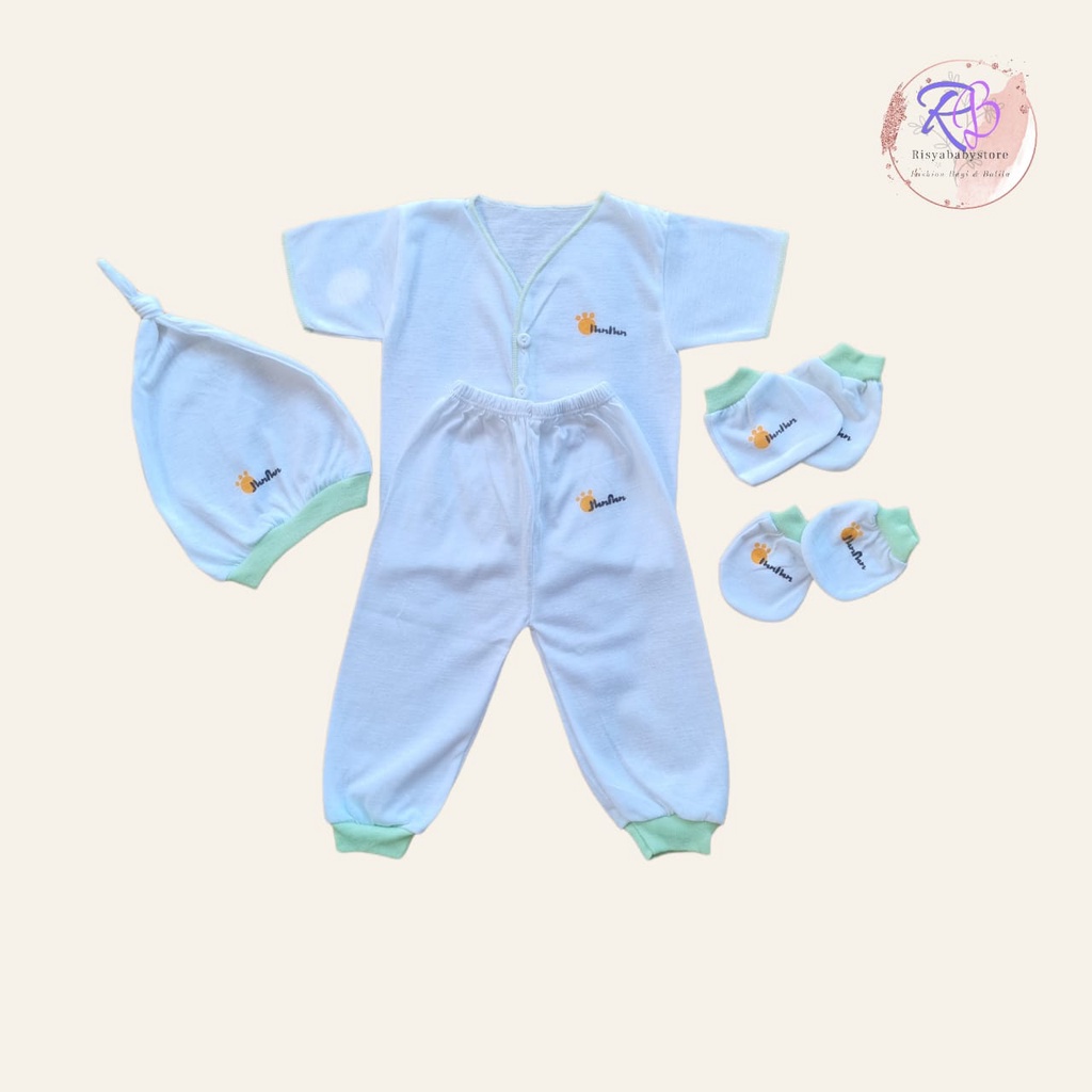 1 set baju putih lengan pendek warna putih polos/ newborn/ topi bayi set/ sarung tangan kaki bayi/ kebutuhan bayi baru lahir