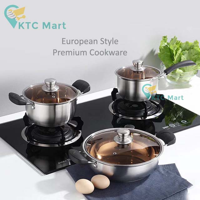 KTCmart - Panci Eropa Set 3in1 Stainless Steel 304 Tutup Kaca Premium Cookware