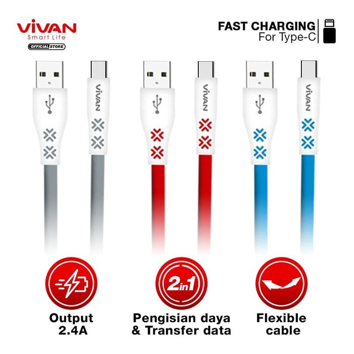 kabel data Original 100% Vivan Fast Charging 2.4A CM100/CTC100/CTL100 Data Cable