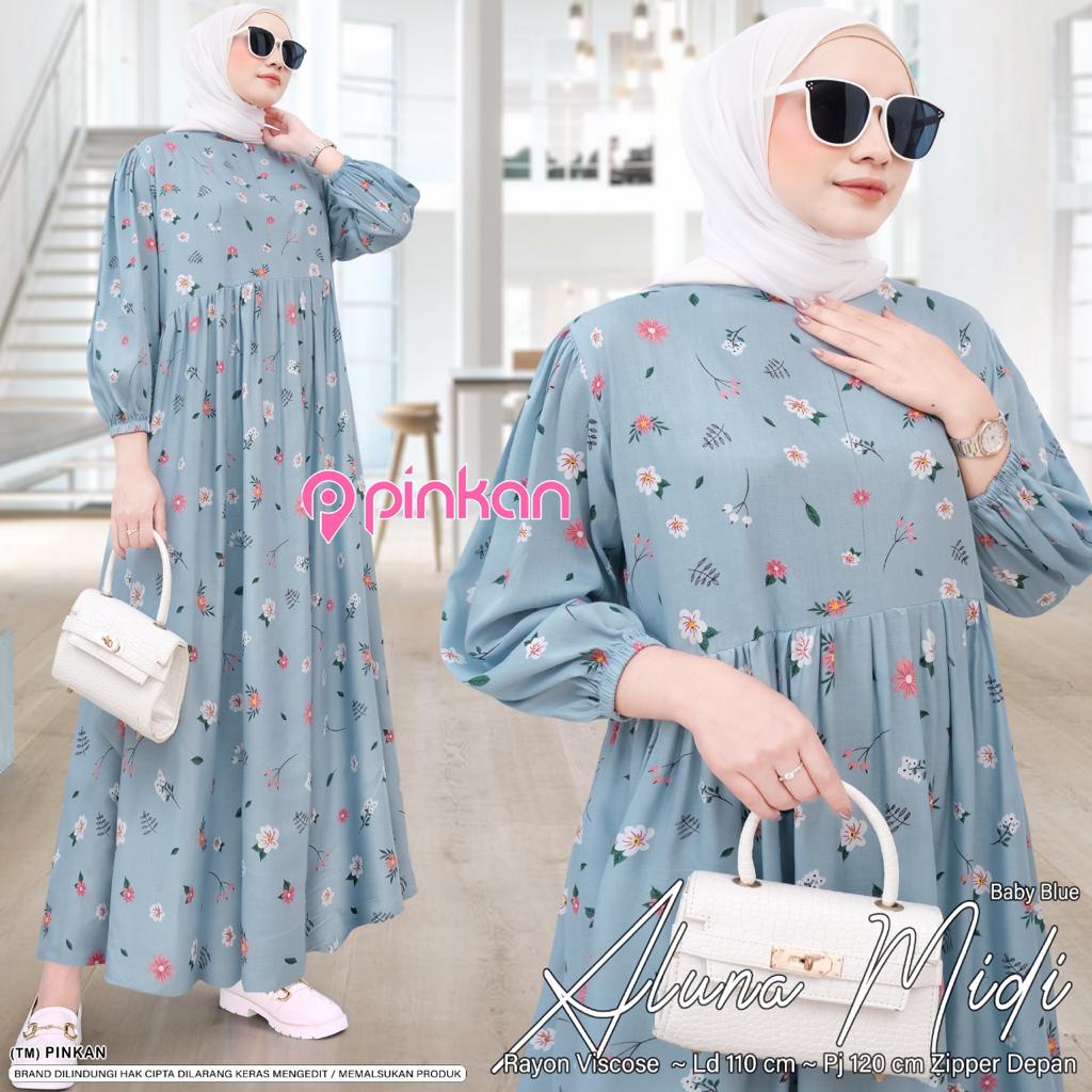 ALUNA MIDI BY PINKAN GAMIS MIDI TERLARIS BAHAN RAYON MURAH ADEM TEBAL HALUS NYAMAN DRESS WANITA JUMB