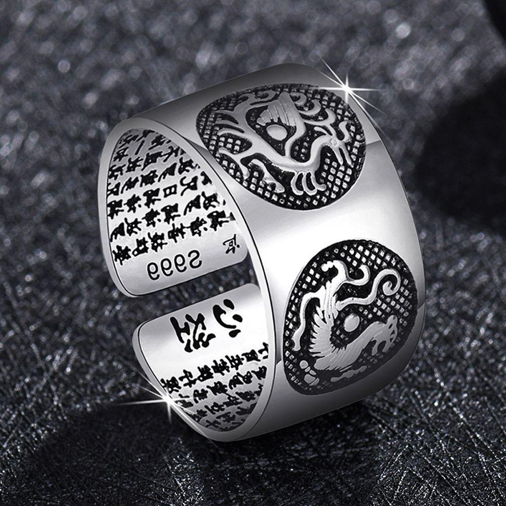 Mxbeauty Man Cincin Warna Perak Keren Bunga Gothic Terbuka Buddhistic Heart Sutra Fashion Perhiasan