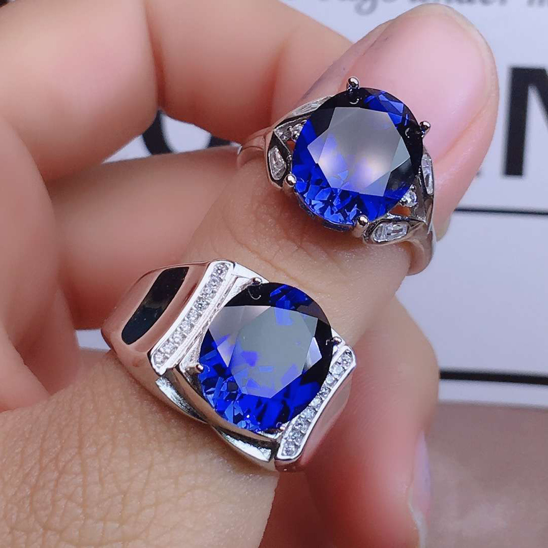 Cincin Pasangan Berlian Platinum Safir Pria Wanita Fashion Kristal Biru Couple Rings-1