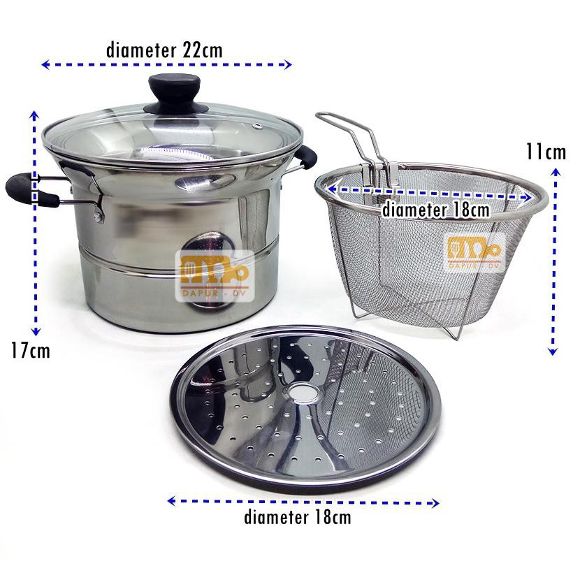 PANCI SERBAGUNA COOKING POT 3 IN 1 22 CM / DEEP FRYING / NOODLE POT / PANCI MULTIFUNGSI PANCI MIE / panci dengan saringan kukusan tutup kaca goreng kukus rebus tim presto ungkep daging ayam sapi kambing masak mie menggoreng kentang goreng sop sayur soto