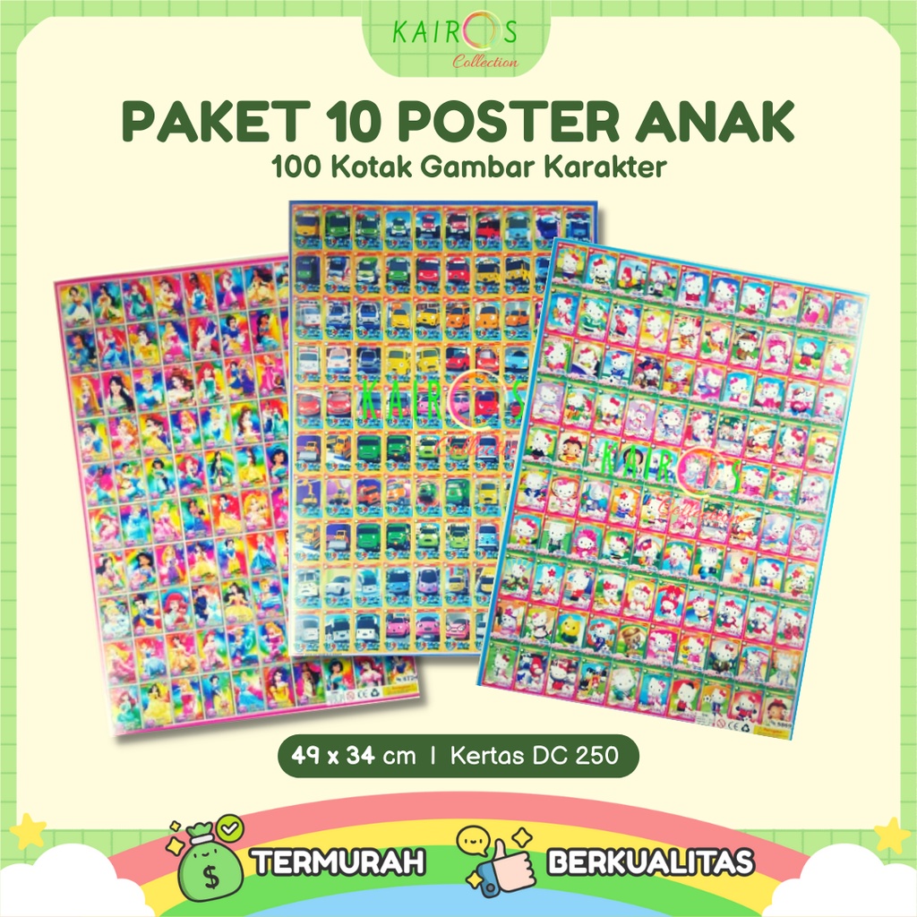 Paket 10 Poster Anak Edukasi Belajar Aneka Karakter 100 Kotak