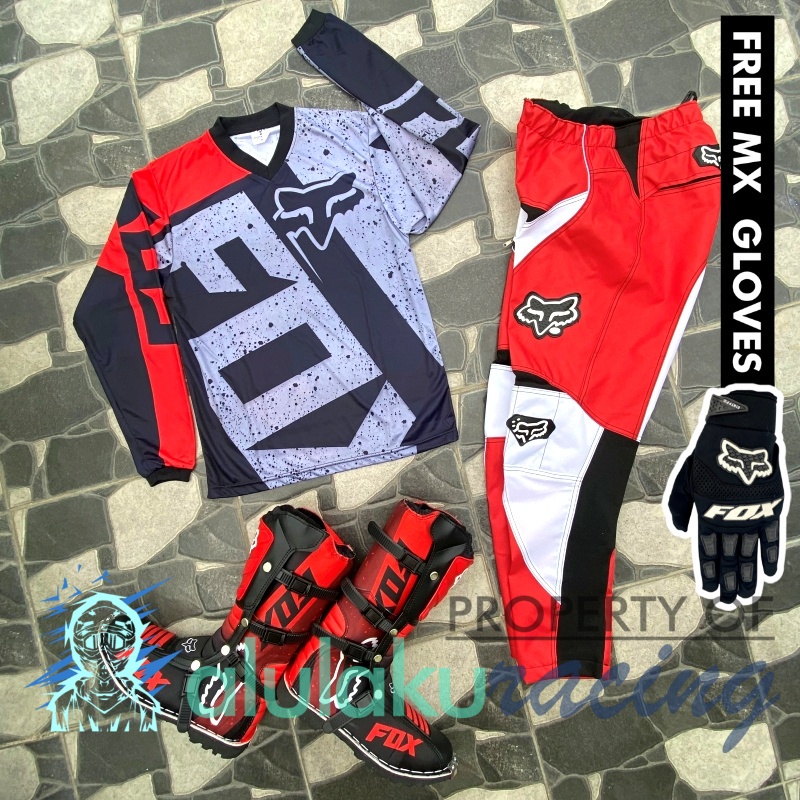 Jersey, Celana, Sarung Tangan &amp; Sepatu Fullprint with Protectors Fullset MX Trail Motocross - Paket Bundling FOCTFG101003-F41