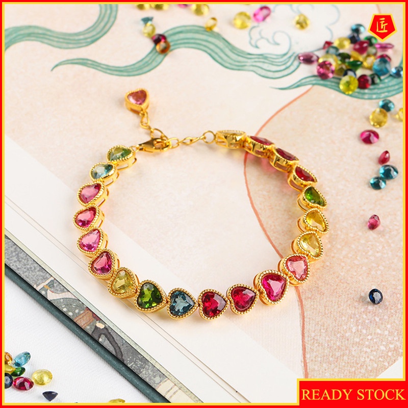 [Ready Stock]Luxury New Heart-Shaped Colored Gems Bracelet 18K Gold