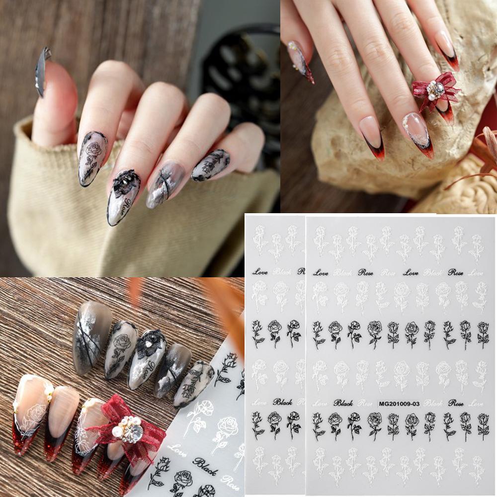 AUGUSTINA Agustina Rose Print Nails Sticker Emas Laser Bunga Mawar Putih Perekat Diri Hitam Nail Art Stickers