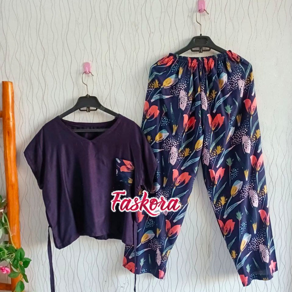 Set Wanita Kekinian Jumbo Murah Piyama Rayon Premium Lengan Pendek Baju Tidur Wanita Dewasa Tulip