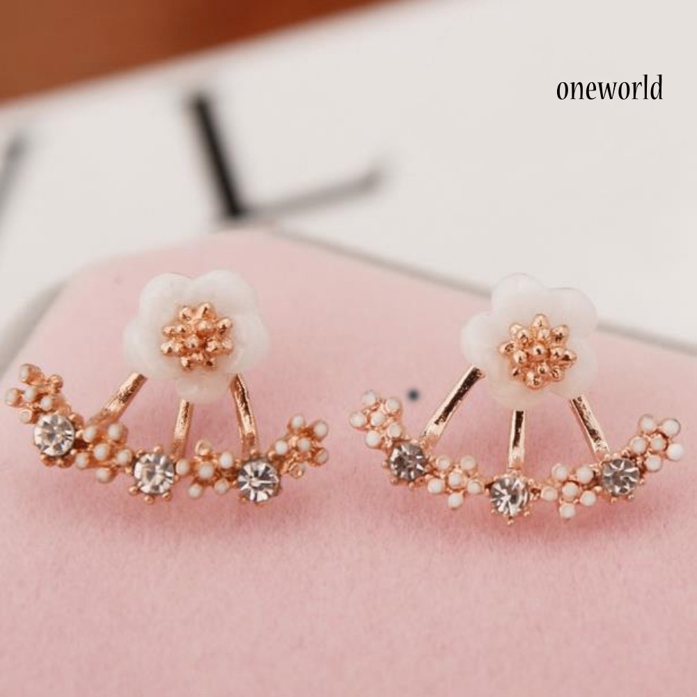 OW@ Women Cute Daisy Shape Rhinestone Inlaid Ear Jacket Earrings Party Jewelry Gift