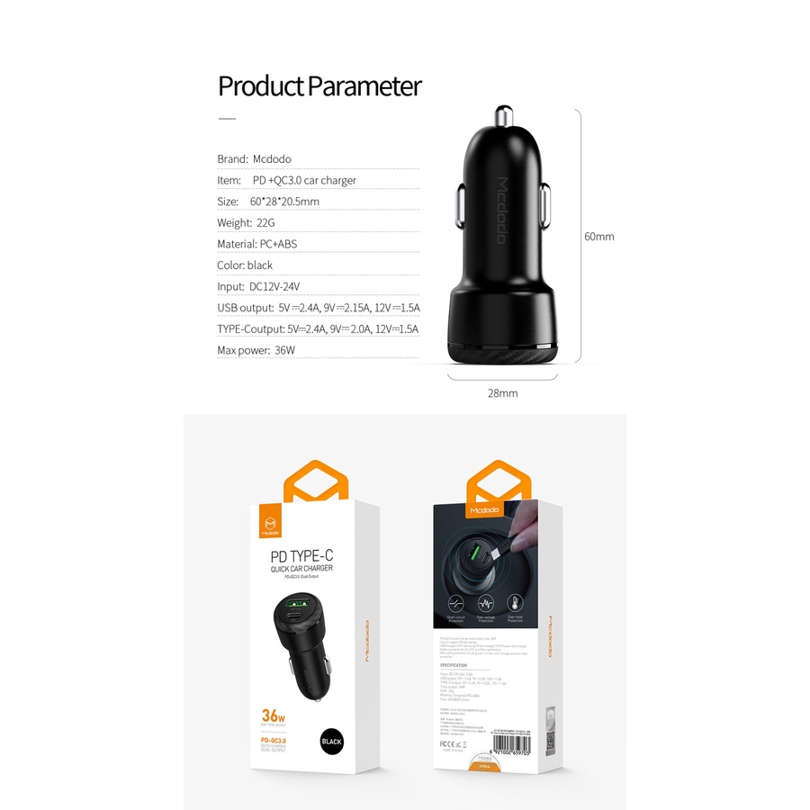 MCDODO CC-5970 Car Charger Dual Output PD + QC 3.0 36W Charger Mobil Lighter Adaptor Mobil