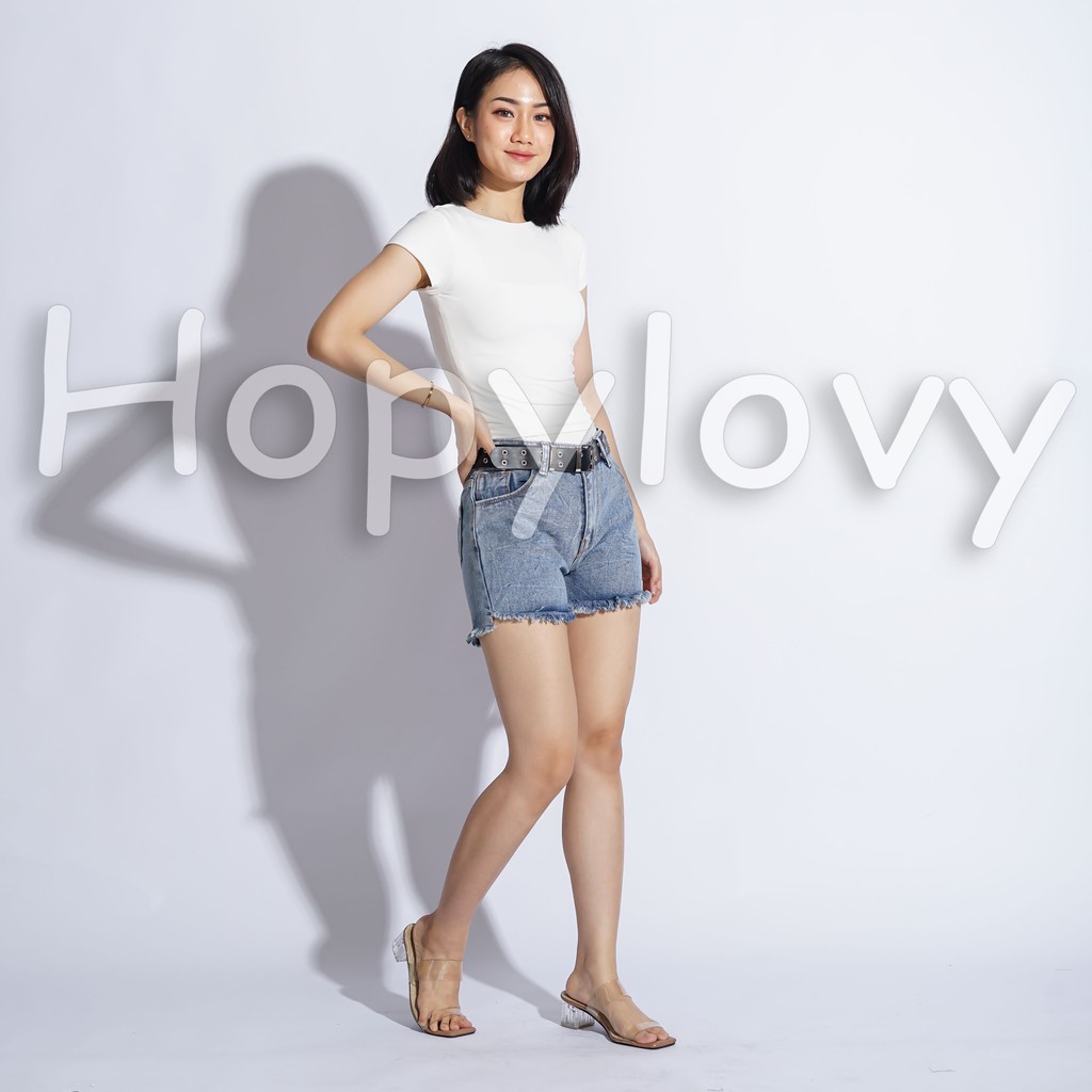 HOPYLOVY Rawis Sexy Jeans Celana Gemes / Hot Pants Celana Pendek Wanita Highwaist Warna Snow