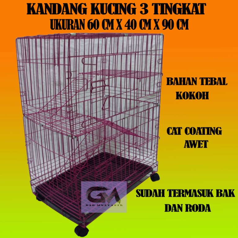 Kandang Kucing Tingkat 3 Size L 90x60x45 + Tatakan + Roda