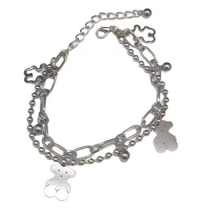 Gelang Tangan Rantai Gaya Korea Motif Beruang Aksen Hollow + Manik-Manik Untuk Perhiasan Wanita