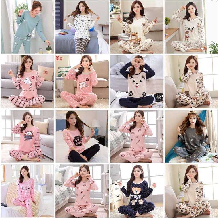 BAJU TIDUR  PIYAMA LENGAN PANJANG / STELAN BAJU TIDUR PREMIUM Bahan Lembut / Piyama Set Korea Fashion PART 2