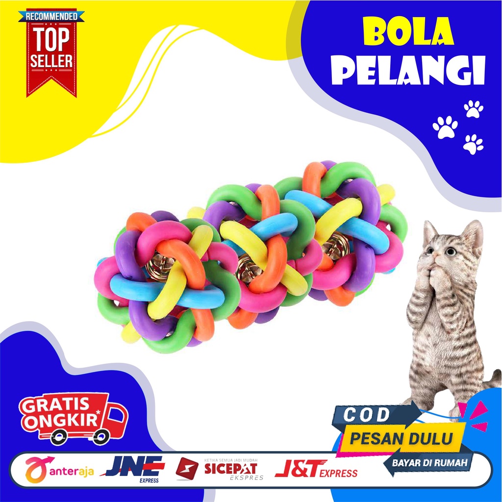 Mainan Hewan Bola Pelangi Kerincing Anjing Kucing impor bola karet mainan gigitan anjing kucing lonceng pelangi lucu bunyi ukuran M / Medium