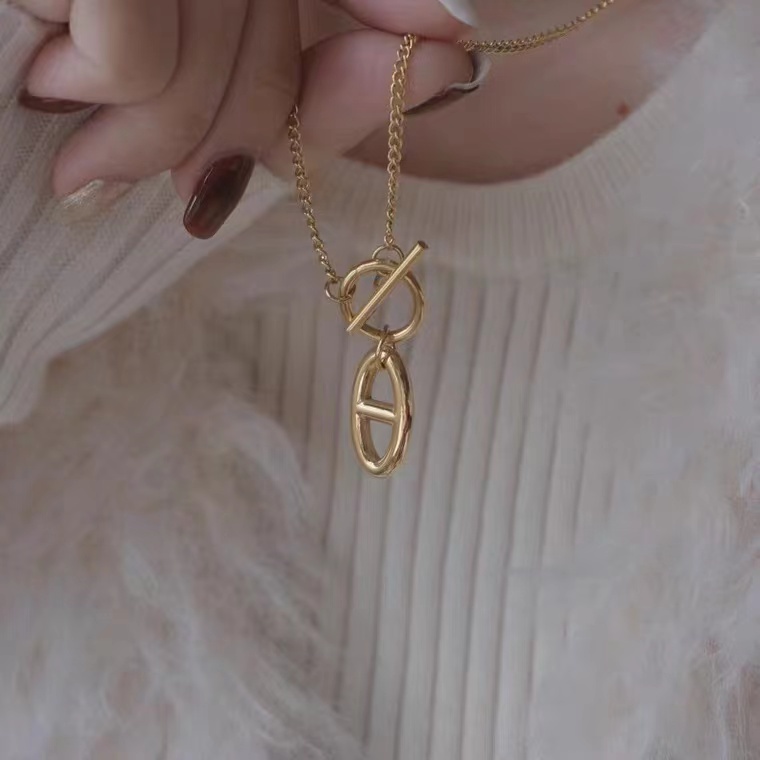 Kalung Liontin Hidung Babi Gaya Fashion Eropa Amerika Bahan Titanium Steel Emas 18K Rantai Halus