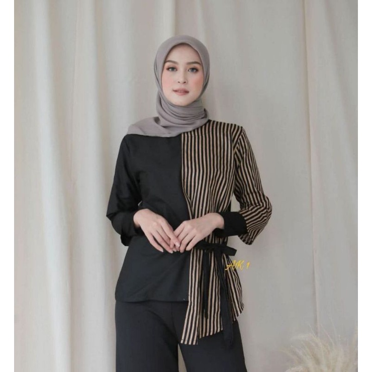 Batik wanita ASJ SA HRB026 Kenongo Kemeja Tosca Pendek-AHY salur hitam