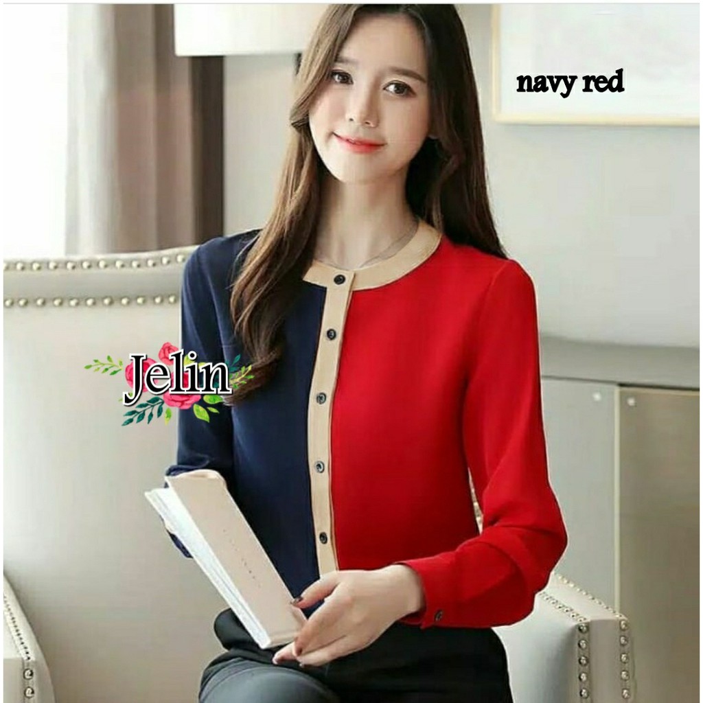 FWG - JELIN BLOUSE / ATASAN KOREA WANITA / PAKAIAN BLOUSE WANITA TERBARU / BLOUSE-NAVY RED
