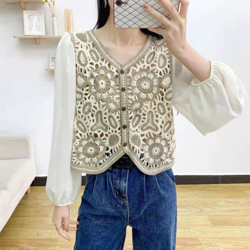 MDLV ~ 68110# Lorisa Crochet Cardigan Blouse Brukat Import