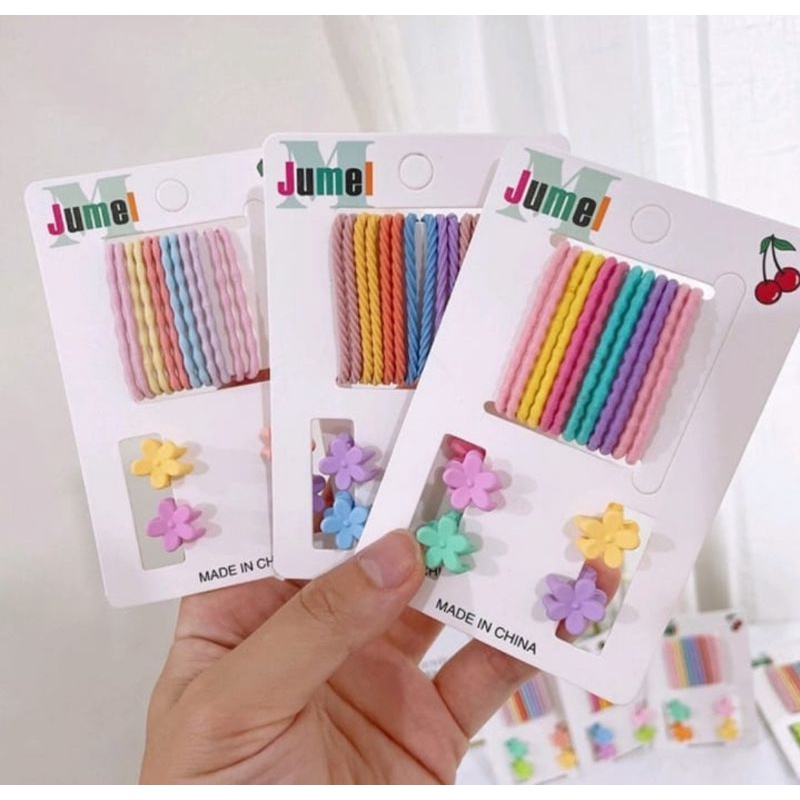 Set Ikat Rambut + Jedai Doff Mini / Jepit Poni Warna Pastel [16 pcs]